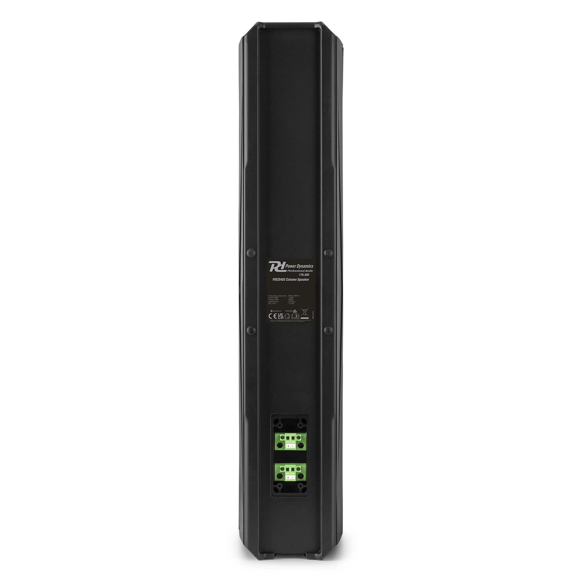 Power Dynamics PDCS403 - Altavoz Columna pasivo 260W IP44 para instalaciones Interiores y Exteriores, 4 woofers de 3” + 1 Tweeter de 1”, Carcasa ABS, Montaje Mural y Top-Hat para Soporte, Color Negro