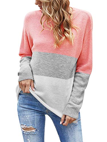 Woolen Bloom Damen Gestreifter Pullover Leichter Oversized Langarm Farbblock Strickpullover Rundhals Pulli Top - Pink - XX-Large Cover