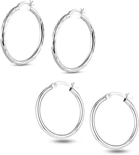 Charmsy - Juego de 2 pares de aros clásicos de plata de ley 925 para mujer, 1.575 in, Plata Esterlina