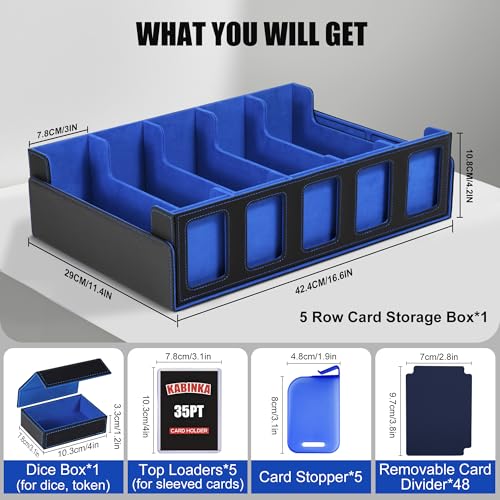 Image of Trading Card Storage Box with Commander Display , 5-Row Deck Case with Removable Lid; 3900+ Card Deck Box for MTG TCG Sports Card, 5 Top Loaders, 5 Stoppers, 48 Dividers,1 Dice Tray (Black Blue)