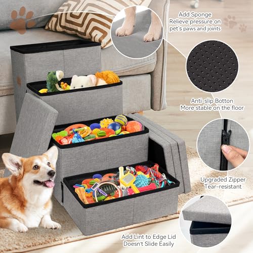 Image of Zerbuger Dog Stairs 23 inch H, 4-Step Wider Dog Steps for High Beds Window, Folding Storage Pet Stairs Gift for Small /Medium /Large Old Dogs Cats, Ramp for Climbing Car Up to 200 lbs (Gray, with Condo)