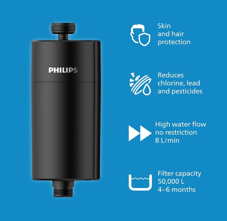 Image of Philips Water in-Line Shower Filter, 50 000 L Filtration Capacity, Black, Reduces Chlorine by up to 99%, Easy to Install, fits All Standard Hoses and taps