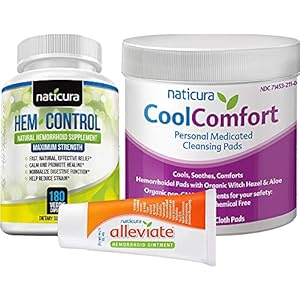 Bundle – Alleviate Natural Hemorrhoid Relief Ointment, Hem-Control Natural Hemorrhoid Supplement (180 Count), and CoolComfort Personal Cleansing Pads (100 Count) – All-Natural, Fast Acting