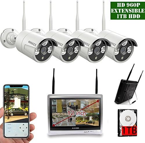 【2019 Update】 OOSSXX 10 inch Screen HD 1080P 8-Channel Wireless Security Camera System,4pcs 1080P 2.0Megapixel Wireless Weatherproof Bullet IP Cameras,Plug and Play,70FT Night Vision,P2P,App, 1TB HDD