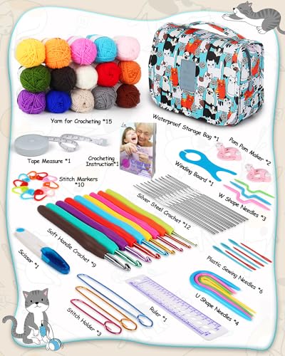 Image of Aeelike 69pcs Crochet Kits for Beginners with Bag, Blue Cat | Easy Learn to Crochet Kit All Age, Crochet Starter Kit Include Crocheting Instruction, Crochet Hooks, Yarn and Storage Bag