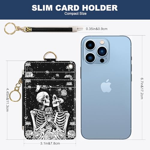Image of Slim Wallet Credit Card Holder, Skeletons and Flowers, RFID Wallet Women Cute Small Front Pocket Wallet With Zipper, PU Leather Thin travel RFID Blocking Card Case ID Window,Ladies Gifts