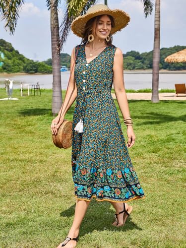 Image of BROVAVE Women Summer Bohemian Floral Print V Neck Sleeveless Sundress Flowy Casual Midi Dress