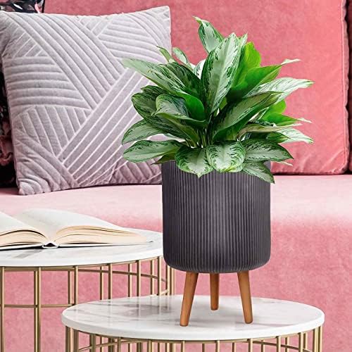 IDEALIST Indoor Flower Planter Medium Ribbed Cylinder Floor Pot on Legs D25.5 H36 cm Black, 10.4 ltrs.