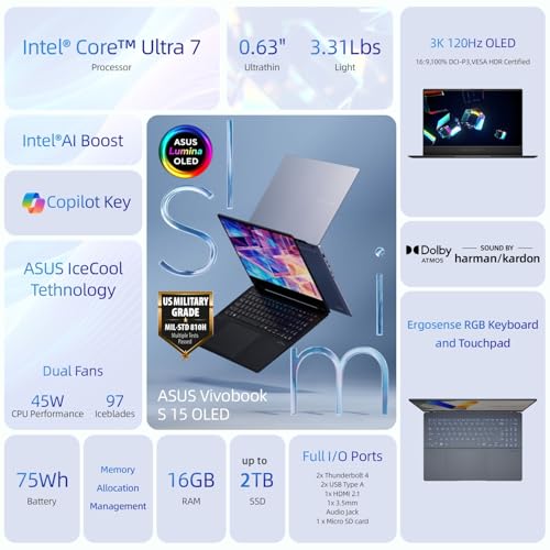 Image of ASUS Vivobook S 15 Laptop, 15.6 inch 3K 120Hz OLED Display, 16-Cores Ultra 7 155H, Intel Arc Graphics, 16GB RAM, 1TB SSD, RGB Backlit KB, WiFi 6E, Thunderbolt 4, with Lifetime Office, Win 11 Pro
