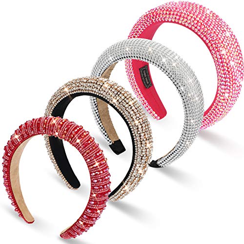 4 Pieces Padded Rhinestone Headband Diamond Crystal Beaded Wide Headband Bejewelled Hairband Glitter Hair Accessories for Women Girls(Silver, Gold, Pink, Red)