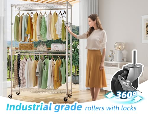 Simple Trending Clothing Garment Rack with 3 Tiers Storage Shelves, Heavy Duty Rolling Clothes Organizer Double Rods with Wheels for Hanging Clothes, Chrome thumbnail 5