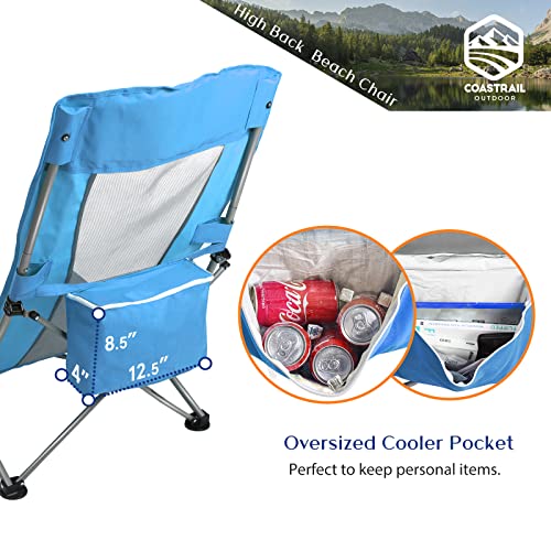 Coastrail Outdoor Beach Chair High Back Folding Mesh Low Seat Sand Chair For Adults With Cooler, Cup Holder & Carry Bag For Camping Lawn Concert Travel Festival, Support 300 Lbs #TOP3