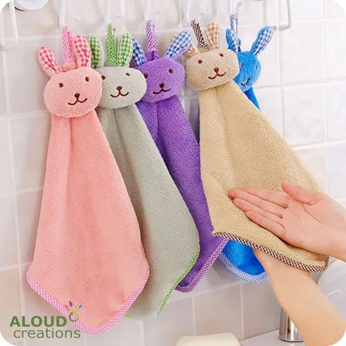 Image of ALOUD CREATIONS Microfiber 4Pc Cute Plush Animal Hand Towels with Hanging Loop |Rabbit Theme |Wash Basin|Sink |Soft Hand Towel for Bathroom & Kitchen |400 GSM |Assorted Colours