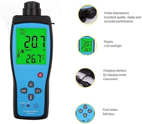 Miniatura 5 de Medidor de gas de oxígeno, probador de gas O2 automotriz portátil digital, pantalla LCD digital, alarma de medición de concentración de O2,