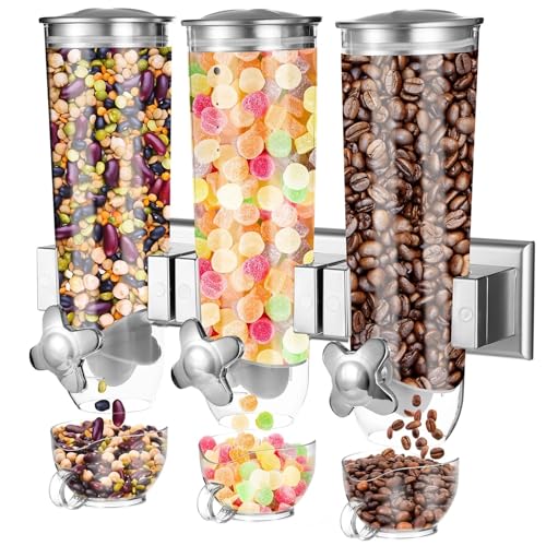 Dispensador triple de cereales con soporte de pared, 3 compartimentos, interruptores y 3 tazas, ideal para almacenar alimentos secos, aperitivos, frutos secos y dulces