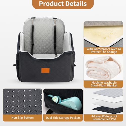 XEEP Dog Car Seat Bed for Small/Medium Dogs – Dog Booster Car Seat Up to 35 lbs -Use Travel Booster Seat with Memory Foam, Safety Belt, Bonus Urine Pad & Blanket, Removable Washable (Black/Grey) - Image 5