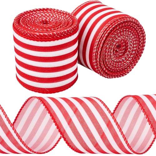 CABODYALS 2 Rolls 2 Inch Wide Red White Striped Ribbon Wired Edge Single Faced Polyester Grosgrain Stripe Burlap Fabric Ribbon Bulk for Sewing Making Crafts Gift Wrapping Wreaths Wedding Birthday DIY