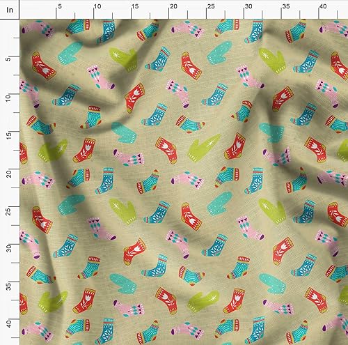Image of Soimoi Beige Polyester Crepe Fabric Socks & Gloves Folk Art Print Fabric by the Meter 42 Inch Wide