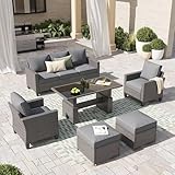 SUNSITT Outdoor Patio Furniture Set 6 Piece Wicker Conversation Set with Lift Coffee Table Sectional Dining Set 3 Seat Sofa Couch with Ottoman, Grey Wicker & Grey Cushion