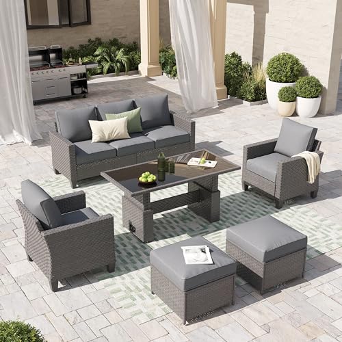 SUNSITT Outdoor Patio Furniture Set 6 Piece Wicker Conversation Set with Lift Coffee Table Sectional Dining Set 3 Seat Sofa Couch with Ottoman, Grey Wicker & Grey Cushion