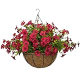 Hynbasea 12 Inches Artificial Violets Flowers with Hanging Basket Chain Flowers Plastic Plants for Garden and Indoor Decoration (Red)