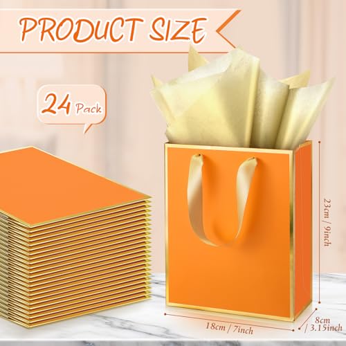 Image of Yeaqee 24 Pack Metallic Paper Gift Bag with Tissue, Orange, Gold | with Satin Ribbon Handle and Tissue, 9x7x3.1 Inch, Suit Business, Birthday, Christmas, Thank You Return Gifts Bags