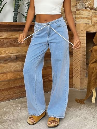 Womens Straight Leg Jeans Mid Waist Casual Baggy Drawstring Eyelet Waist Adjustable Denim Drawstring Jeans2