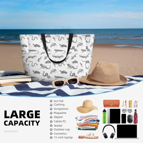 Large Beach Bags Water-resistant Sandproof - Lizard Snake Turtle Crocodile Cute Beach Tote Bags for Women with Zipper4