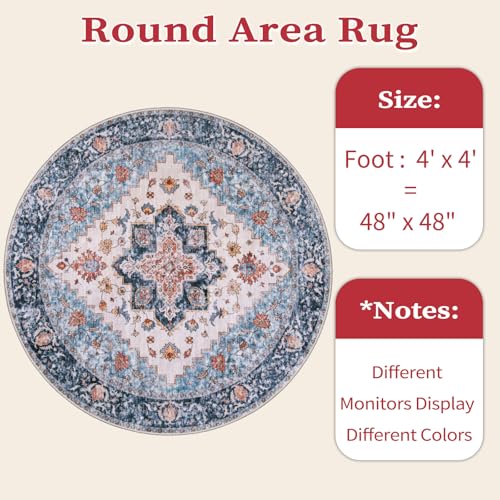 SERISSA Boho Round Area Rug, 4ft Washable Non-Slip Circle Rug, Ultra Soft Vintage Blue Orange Low-Pile Small Circular Carpet for Bedroom Entryway Kids Room Office College Dorm Living Room
