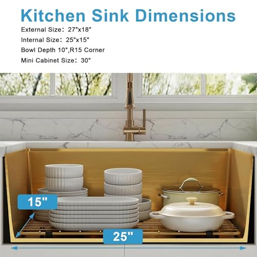 Image of 27 inch Gold Sink,Undermount Single Bowl Kitchen Sinks,16 Gauge Stainless Steel Workstation Kitchen Sink (Gold, 27 X 18 inch)