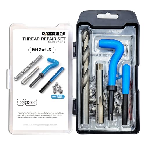 DASBSTE Gewindereparatur Satz - Gewindereparaturwerkzeuge inkl. Gewindeeinsätze, Einbauwerkzeug, Zapfenbrecher, Gewindebohrer sowie Bohrer für die Reparatur von Innengewinden (M12 x 1,5)