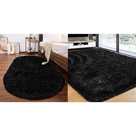 Softlife 2 Black Rugs Set, 4'x5.3' Rectangular and 2.6'x5.3' Oval Rug Set, Area Rugs for Bedroom Living Room, Fluffy Fuzzy Shag Shaggy Carpet Soft Plush Furry Bedside Rug Cover