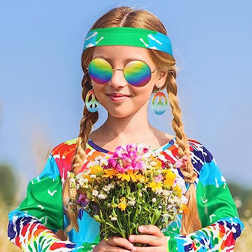 Heentan 6 Pcs 60S 70S Outfits For Girls Kids Hippie Costume Set Boho Dress Hippie Outfits Accessories Set (Rainbow Style, Medium) #TOP4