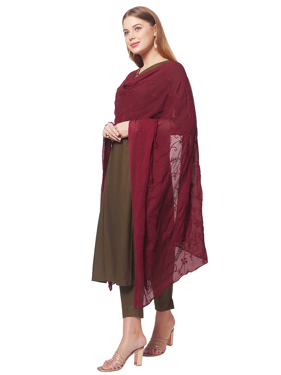 Women's Maroon Floral Embroidered Chiffon Dupatta-image-15