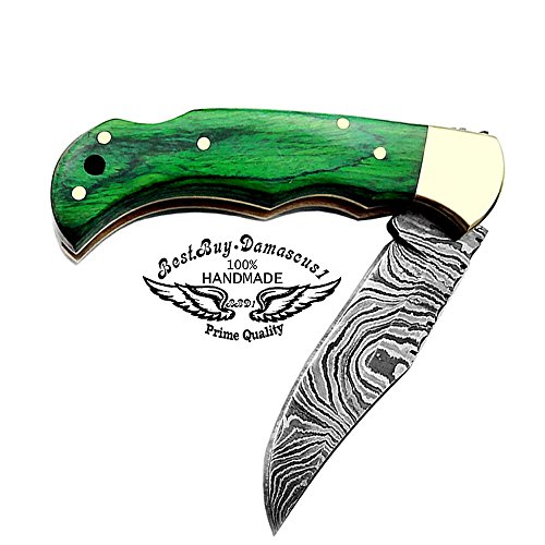 Pocket Knife Green Wood 6.5'' Handmade Custom Knife Damascus Steel Pocket Knifes for Men & Women Pocket Folding Knife With Back Lock Hunting Fishing Camping Hiking Damascus Hunting Knife Real Leather Sheath Knives Set Hunting Damascus Steel Knife