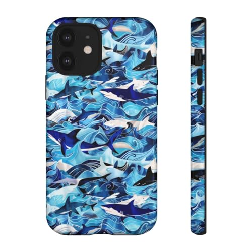 Coque iPhone 12 vagues de l'océan et requins avec finition brillante haut de gamme