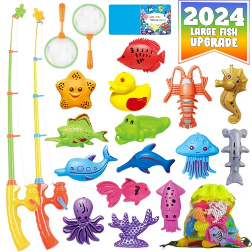 CozyBomBâ„¢ Magnetic Fishing Toys Game Set for Kids | Water Table Bathtub Kiddie Pool Party & Pole Rod Net, Plastic Floating Fish Toddler Color Ocean Sea Animals Christmas Age 3 4 5 6 Year