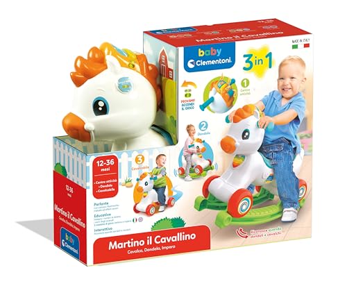 Baby Clementoni - Martino Il Cavallino, Ride On 3 In 1 Educativo Bambino 12-36 Mesi, Gioco Parlante Italiano E Inglese, Giocattolo Primi Passi Con Suoni E Luci, Made In Italy, Lingua Italiana, 17854 - 2