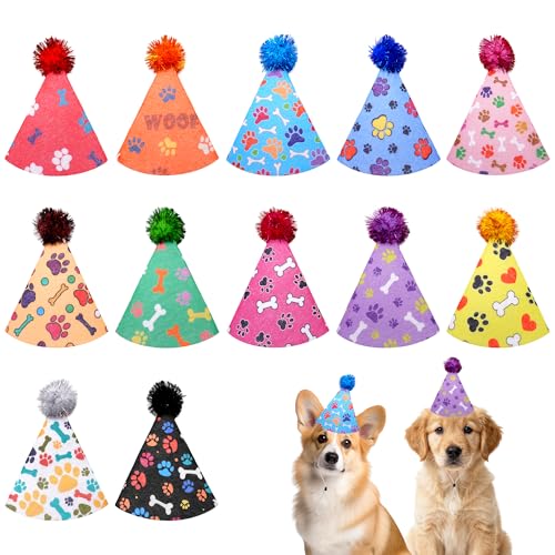 JpGdn 12pcs Dog Party Hats for Small Medium Dogs Stuffed Animals Cat Adjustable Headwear with Pom Poms Bone Paw Pet Birthday Holiday Wedding Party Costume Accessories