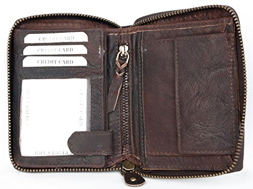 FLW Large Dark Brown Zip-Around Durable Oiled Genuine Leather Wallet with Shark - Image 4