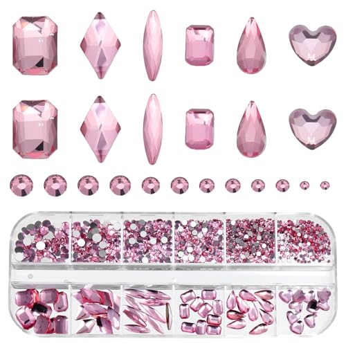 980Pcs Pink Multi Shapes Nail Rhinestones Big Gems and Flatback Round Beads 3D Glass Stones Crystal Diamonds Jewelry for Nail Art Crafts DIY Faces Eyes Makeup Stones Diamonds Jewels (Pink)
