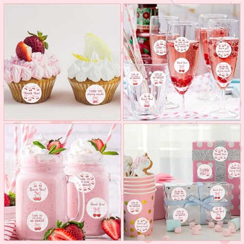 Image of Thank You Sticker Roll - 1000 Pcs Coquette Pink Bow Cherry Waterproof Vinyl Reusable Laptop Sticker DIY Book Scrapbook Water Bottle Page Activity Pad Party Favors Skateboard Gift Wrapping