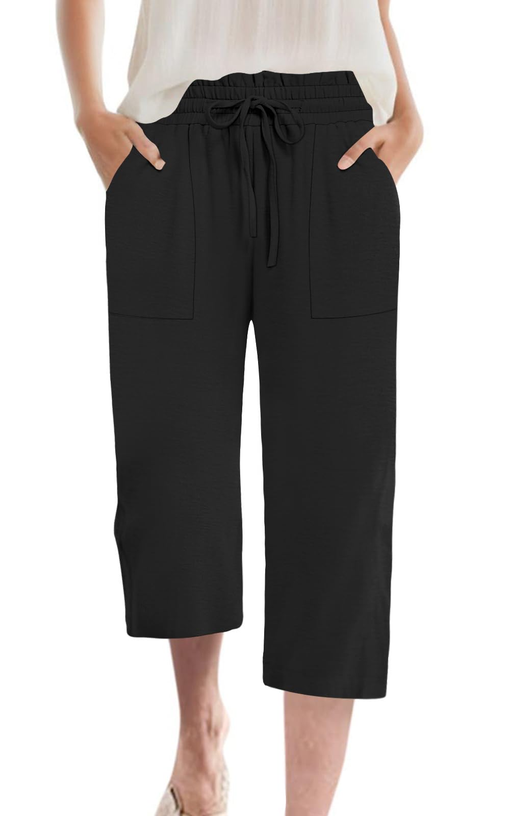 Womens Capri Pants Summer Wide Leg High Waisted Pants Drawstring Casual Trousers with Pockets
