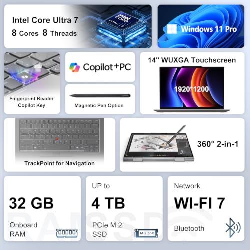 Image of Lenovo ThinkPad X1 Business 2-in-1 Laptop, Intel Ultra 7 258V, 4TB SSD | 14 inch FHD+ Touchscreen, 32GB Onboard RAM, Thunderbolt 4, IR Camera, Wi-Fi 7, Fingerprint reader, Windows 11 Pro, Thunderbolt 4