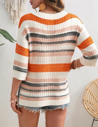 Image of Rapbin Women's Crochet V Neck Beach Cover Up 3 /4 Sleeve Hollow Out Knitted Pullover Sweater