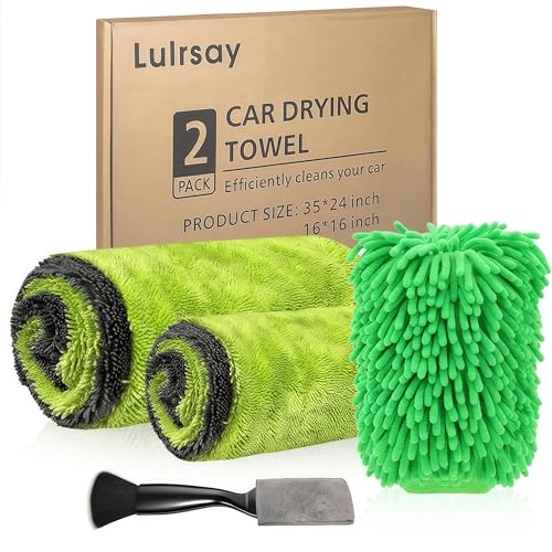 2 Pack Car Drying Towels – 1200GSM Ultra Absorbent Microfiber, 35"x24" & 16"x16", Lint-Free & Streak with Car Wash Mitt & Dual-Head Duster Brush for Auto Detailing, Car, SUV, Truck (Gray-Green)​