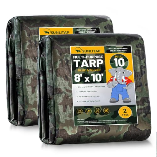 SUNLITAP 8x10Ft Large Heavy Duty Waterproof Poly Tarp 2Pack, Camo, 10 Mil