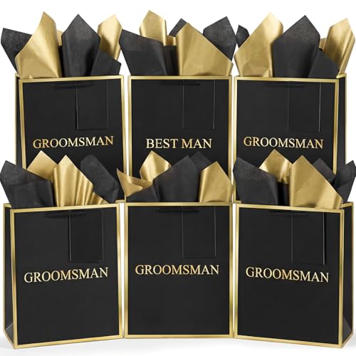 Resholder 6 Pack Groomsmen Gift Bags with Tissue Paper DIY Best Man Proposal Favor Bag with Tag Bachelor Wedding Gifts for Groomsman Best Man Bachelor Party (Medium Black Gold)