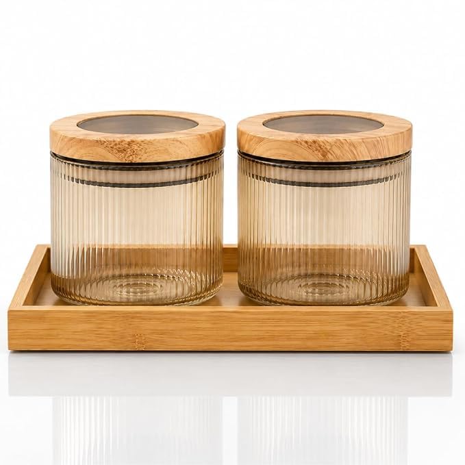 Image of Borosilicate Golden Ribbed Glass Storage Jar Set with Bamboo Tray, Set of 2 (500ml), Airtight Round Glass Containers with Bamboo Lids & Silicone Seal, Dry Fruit Storage Jars for Spices