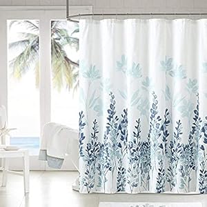 homewards Polyester Blue Floral Design Shower Curtain with 12 Hooks, Standard, 72